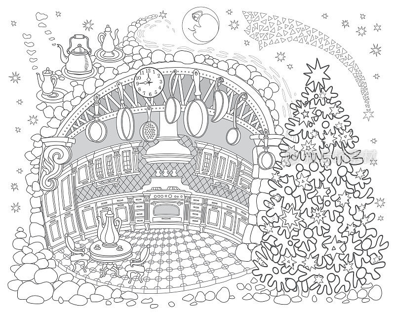 Fairy tale old medieval Kitchen in the family apartment with Cristmas Fir Tree. New Year and Christmas greeting, invitation card background, Vector contour thin line illustration. Adults coloring book page, tee shirt print